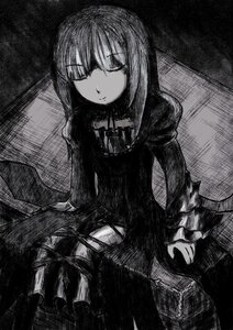 Rating: Safe Score: 0 Tags: 1girl blunt_bangs closed_eyes closed_mouth dress greyscale image long_hair long_sleeves monochrome sitting solo suigintou User: admin