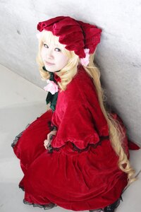 Rating: Safe Score: 0 Tags: 1girl blonde_hair blue_eyes bonnet bow capelet dress flower lips long_hair looking_at_viewer red_dress rose shinku solo User: admin