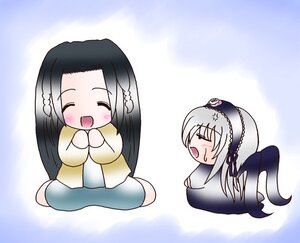 Rating: Safe Score: 0 Tags: 2girls blush chibi closed_eyes hairband image kakizaki_megu long_hair multiple_girls silver_hair sitting smile solo suigintou very_long_hair User: admin