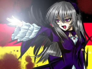 Rating: Safe Score: 0 Tags: 1girl auto_tagged dress frilled_sleeves frills hairband image lolita_hairband long_hair long_sleeves looking_at_viewer open_mouth pink_eyes purple_dress silver_hair solo suigintou upper_body wings User: admin