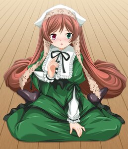 Rating: Safe Score: 0 Tags: 1girl blush brown_hair dress drill_hair frills green_dress green_eyes hat heterochromia image long_hair long_sleeves looking_at_viewer maroppe open_mouth red_eyes ribbon rozen_maiden shoes sitting solo suiseiseki twin_drills twintails very_long_hair wariza wooden_floor User: admin