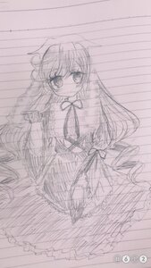 Rating: Safe Score: 0 Tags: 1girl capelet dress frills image long_hair long_sleeves looking_at_viewer monochrome sketch smile solo suiseiseki traditional_media User: admin