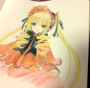 Rating: Safe Score: 0 Tags: 1girl blonde_hair bonnet dress drill_hair frills image long_hair long_sleeves looking_at_viewer marker_(medium) photo rose shinku smile solo traditional_media twin_drills twintails User: admin