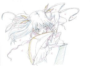 Rating: Safe Score: 0 Tags: 1girl barasuishou hair_ribbon image long_hair long_sleeves magical_girl monochrome open_mouth ribbon solo twintails weapon white_background User: admin