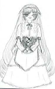 Rating: Safe Score: 0 Tags: 1girl dress frills hairband image lolita_hairband long_hair long_sleeves looking_at_viewer monochrome ribbon smile solo standing suiseiseki very_long_hair User: admin