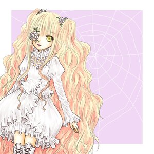 Rating: Safe Score: 0 Tags: 1girl blonde_hair dress eyepatch flower frills hair_flower hair_ornament image kirakishou long_hair long_sleeves puffy_sleeves rose sitting solo striped_background very_long_hair wavy_hair white_dress white_rose yellow_eyes User: admin