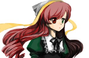 Rating: Safe Score: 0 Tags: 1girl brown_hair dress drill_hair frills green_eyes head_scarf heterochromia image long_hair long_sleeves looking_at_viewer red_eyes ribbon simple_background solo suiseiseki upper_body very_long_hair white_background User: admin