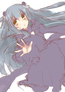 Rating: Safe Score: 0 Tags: 1girl bangs barasuishou black_dress blue_flower blue_rose dress flower image long_hair long_sleeves looking_at_viewer rose sketch solo very_long_hair white_background yellow_eyes User: admin