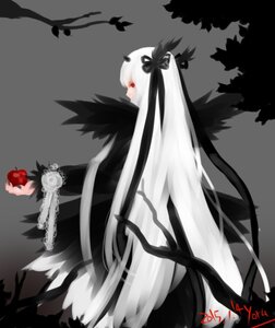 Rating: Safe Score: 0 Tags: 1girl apple black_wings food fruit image long_hair looking_back red_eyes solo suigintou very_long_hair white_hair wings User: admin