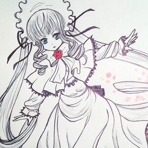 Rating: Safe Score: 0 Tags: 1girl blonde_hair blue_eyes capelet dress drill_hair flower frills image long_hair long_sleeves monochrome red_flower rose shinku solo spot_color traditional_media twin_drills twintails very_long_hair User: admin