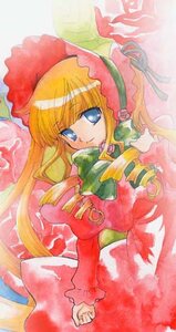 Rating: Safe Score: 0 Tags: 1girl auto_tagged blonde_hair blue_eyes bonnet bow bowtie dress green_bow hat image long_hair long_sleeves looking_at_viewer marker_(medium) red_dress shinku solo traditional_media very_long_hair User: admin