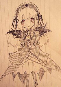 Rating: Safe Score: 0 Tags: 1girl blush dress eyebrows_visible_through_hair feathered_wings hairband image long_sleeves looking_at_viewer monochrome puffy_sleeves smile solo suigintou traditional_media wings User: admin
