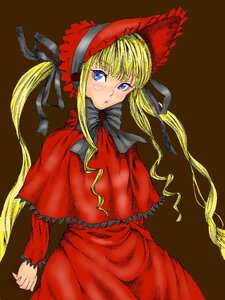 Rating: Safe Score: 0 Tags: 1girl blonde_hair blue_eyes bonnet bow brown_background capelet dress image long_hair long_sleeves looking_at_viewer red_capelet red_dress shinku simple_background solo twintails User: admin