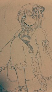 Rating: Safe Score: 0 Tags: 1girl bow braid closed_mouth costume_switch dress flower hair_flower hair_ornament image long_sleeves looking_at_viewer monochrome puffy_sleeves smile solo traditional_media User: admin
