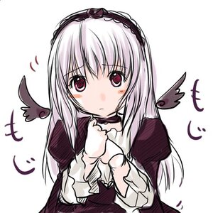 Rating: Safe Score: 0 Tags: 1girl black_wings blush dress feathered_wings feathers flying_sweatdrops frills hairband image juliet_sleeves long_hair long_sleeves looking_at_viewer silver_hair simple_background solo suigintou upper_body white_background wings User: admin