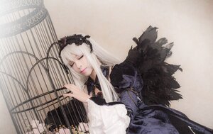 Rating: Safe Score: 0 Tags: 1girl black_wings closed_eyes dress flower frills hairband lips long_hair long_sleeves rose silver_hair solo suigintou User: admin