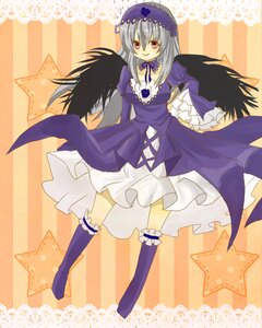 Rating: Safe Score: 0 Tags: 1girl black_wings dress frills full_body hairband image long_hair long_sleeves looking_at_viewer red_eyes ribbon silver_hair smile solo star_(symbol) starry_background striped_background suigintou wings User: admin