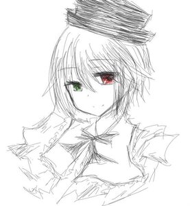 Rating: Safe Score: 0 Tags: 1girl capelet closed_mouth eyebrows_visible_through_hair green_eyes hat heterochromia image looking_at_viewer monochrome red_eyes short_hair simple_background sketch solo souseiseki spot_color upper_body white_background User: admin