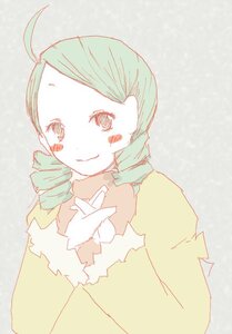 Rating: Safe Score: 0 Tags: 1girl ahoge antenna_hair blush_stickers drill_hair green_hair image kanaria long_sleeves looking_at_viewer simple_background smile solo upper_body User: admin
