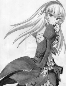 Rating: Safe Score: 0 Tags: 1girl dress frills greyscale hairband image long_hair long_sleeves looking_at_viewer looking_back monochrome solo standing suigintou traditional_media wings User: admin