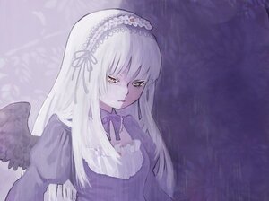 Rating: Safe Score: 0 Tags: 1girl black_wings closed_mouth dress feathered_wings frills hairband image long_hair long_sleeves rain ribbon silver_hair solo suigintou upper_body white_wings wings User: admin