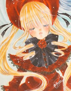 Rating: Safe Score: 0 Tags: 1girl artist_name bangs blonde_hair blue_eyes blush bonnet dress drill_hair half-closed_eyes hat image long_hair long_sleeves one_eye_closed parted_lips ringlets shinku signature snow solo tears traditional_media twin_drills User: admin