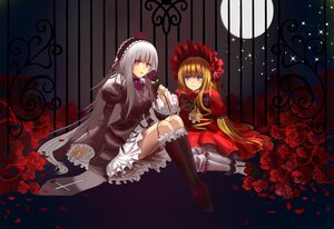 Rating: Safe Score: 0 Tags: 2girls blonde_hair blue_eyes boots bow dress flower frills hairband image lolita_fashion long_hair multiple_girls pair petals red_flower red_rose rose rose_petals shinku silver_hair sitting suigintou User: admin