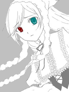 Rating: Safe Score: 0 Tags: 1girl choker closed_mouth dress expressionless frills fur_trim green_eyes grey_background heterochromia image long_hair looking_at_viewer monochrome red_eyes simple_background solo spot_color suiseiseki upper_body User: admin