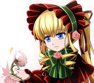 Rating: Safe Score: 0 Tags: 1girl blonde_hair blue_eyes bonnet bow bowtie capelet dress drill_hair flower image long_hair long_sleeves looking_at_viewer pink_flower pink_rose red_flower red_rose rose shinku simple_background solo yellow_background User: admin