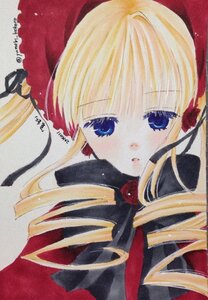 Rating: Safe Score: 0 Tags: 1girl blonde_hair blue_eyes blush drill_hair flower hat image long_hair long_sleeves looking_at_viewer marker_(medium) millipen_(medium) rose shinku simple_background solo traditional_media twintails white_background User: admin