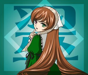 Rating: Safe Score: 0 Tags: 1girl brown_hair dress finger_to_mouth frills green_dress green_eyes heterochromia image index_finger_raised long_hair long_sleeves looking_at_viewer looking_back red_eyes solo suiseiseki very_long_hair User: admin