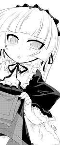 Rating: Safe Score: 0 Tags: 1girl bangs blunt_bangs blush greyscale image long_hair monochrome ribbon solo striped suigintou User: admin