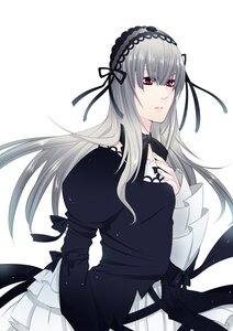 Rating: Safe Score: 0 Tags: 1girl black_dress black_ribbon dress frills gothic_lolita hairband hand_on_own_chest image juliet_sleeves long_hair long_sleeves looking_at_viewer puffy_sleeves red_eyes ribbon silver_hair simple_background solo suigintou white_background User: admin