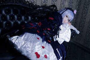 Rating: Safe Score: 0 Tags: 1girl dress flower frills gothic_lolita hairband lolita_fashion long_sleeves looking_at_viewer petals silver_hair sitting solo suigintou User: admin