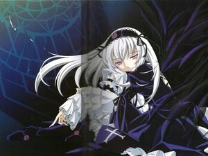 Rating: Safe Score: 0 Tags: 1girl dress flower frilled_sleeves frills hairband image long_hair long_sleeves looking_at_viewer pink_eyes purple_rose ribbon rose silver_hair solo suigintou wings User: admin