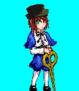 Rating: Safe Score: 0 Tags: 1girl blue_background blue_skirt brown_hair full_body green_eyes image long_sleeves pixel_art short_hair simple_background solo souseiseki standing white_legwear User: admin