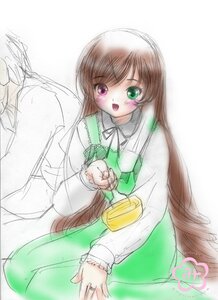 Rating: Safe Score: 0 Tags: 1girl blush brown_hair dress green_dress green_eyes heterochromia image long_hair long_sleeves looking_at_viewer open_mouth red_eyes simple_background sitting solo suiseiseki very_long_hair white_background User: admin