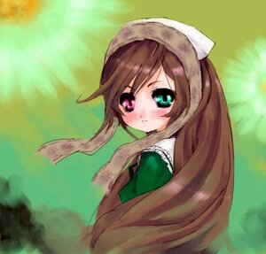 Rating: Safe Score: 0 Tags: 1girl blush brown_hair dress frills green_background green_dress green_eyes hat head_scarf heterochromia image long_hair long_sleeves looking_at_viewer looking_back outdoors red_eyes solo suiseiseki very_long_hair User: admin