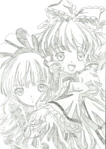 Rating: Safe Score: 0 Tags: 2girls blush bow frills greyscale hair_bow hakurei_reimu hinaichigo image long_hair long_sleeves looking_at_viewer monochrome multiple_girls open_mouth pair ribbon shinku smile traditional_media wide_sleeves User: admin