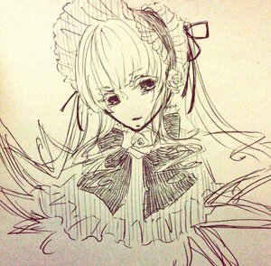 Rating: Safe Score: 0 Tags: 1girl bangs flower hair_ribbon image long_hair long_sleeves looking_at_viewer monochrome ribbon rose shinku solo suigintou traditional_media upper_body User: admin