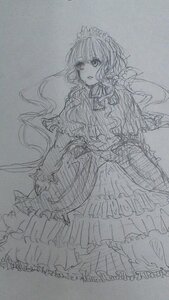 Rating: Safe Score: 0 Tags: 1girl dress frills graphite_(medium) greyscale image long_hair long_sleeves looking_at_viewer monochrome patchouli_knowledge shinku sketch solo traditional_media User: admin