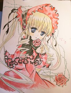 Rating: Safe Score: 0 Tags: 1girl blonde_hair blue_eyes bonnet bow dress drill_hair flower image long_hair long_sleeves looking_at_viewer marker_(medium) pink_flower pink_rose red_capelet red_dress red_flower red_rose rose shinku solo thorns traditional_media User: admin