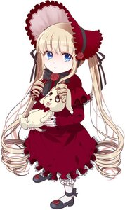 Rating: Safe Score: 0 Tags: 1girl blonde_hair blue_eyes bonnet bow dress drill_hair flower full_body hat holding image long_hair long_sleeves looking_at_viewer red_dress red_flower rose shinku shoes simple_background solo striped twintails very_long_hair white_background User: admin
