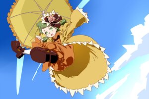 Rating: Safe Score: 0 Tags: 1girl boots brown_footwear cloud coat day dress falling frills green_eyes green_hair hat holding_umbrella image kanaria long_sleeves open_mouth parasol sky solo umbrella User: admin