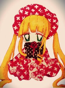 Rating: Safe Score: 0 Tags: 1girl bangs blonde_hair covered_mouth flower green_eyes hat image long_hair looking_at_viewer red_flower red_rose rose shinku simple_background solo star_(symbol) twintails upper_body User: admin