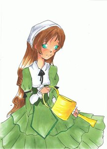 Rating: Safe Score: 0 Tags: 1girl brown_hair dress frills green_dress green_eyes head_scarf holding image juliet_sleeves long_hair long_sleeves puffy_sleeves simple_background solo suiseiseki very_long_hair watering_can User: admin