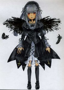Rating: Safe Score: 0 Tags: 1girl black_wings cross-laced_clothes dress feathers flower frills full_body hairband image long_hair long_sleeves looking_at_viewer red_eyes ribbon silver_hair solo standing suigintou traditional_media wings User: admin