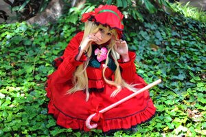 Rating: Safe Score: 0 Tags: 1girl blonde_hair bow dress flower frills hat long_hair long_sleeves outdoors red_dress rose shinku solo very_long_hair User: admin