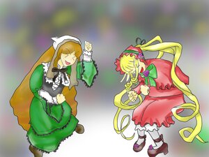 Rating: Safe Score: 0 Tags: 2girls blonde_hair bonnet bow closed_eyes dress green_dress image long_hair long_sleeves multiple_girls pair shinku shoes suiseiseki twintails very_long_hair User: admin