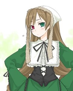 Rating: Safe Score: 0 Tags: 1girl black_ribbon blush brown_hair dress frills green_dress green_eyes hand_on_hip hat head_scarf heterochromia image long_hair long_sleeves looking_at_viewer red_eyes ribbon simple_background solo suiseiseki very_long_hair white_background User: admin